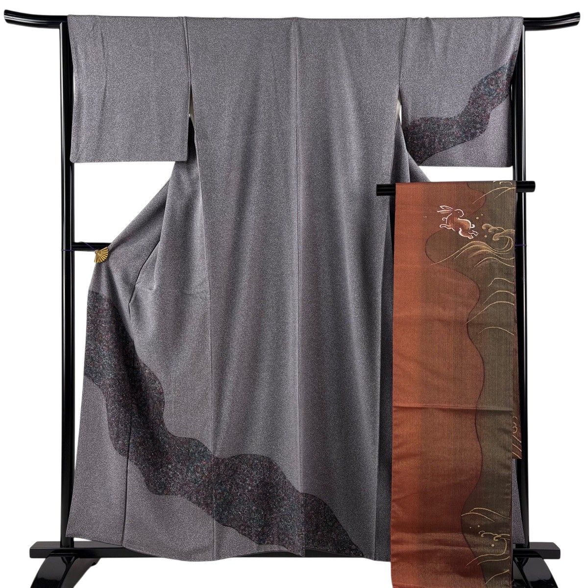 【美品】 付下げ 身丈158cm 裄丈65cm M 袷 袋帯セット 草花 道長取り 灰紫 正絹 秀品 【中古】