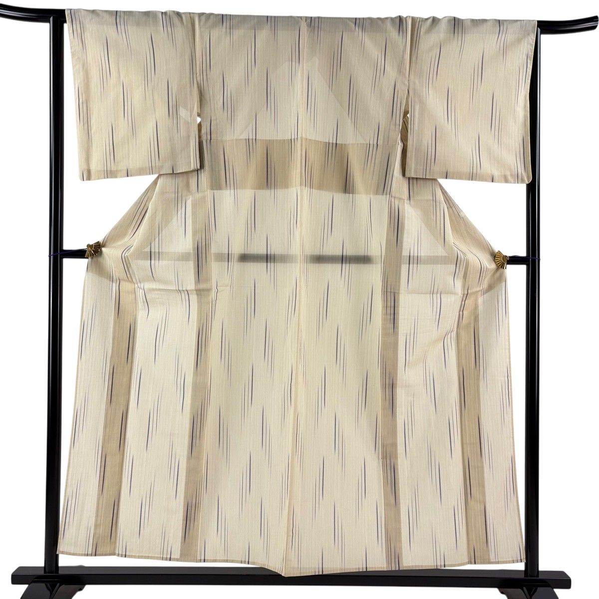 【美品】 紬 身丈154.5cm 裄丈64cm M 薄物 明石縮 夏紬 縞 ベージュ 正絹 逸品 【中古】