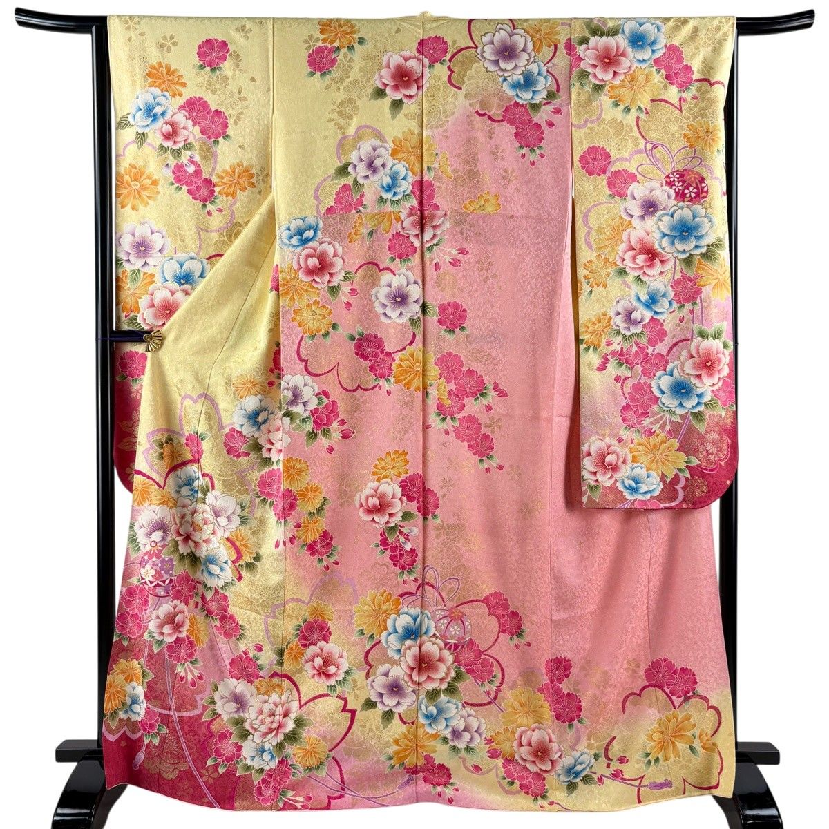 振袖 身丈168cm 裄丈65cm M 袷 牡丹 桜 刺繍 銀通し 黄色 正絹 逸品 【中古】