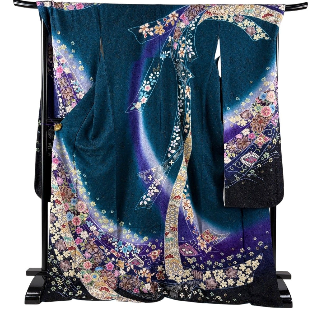 振袖 身丈176cm 裄丈72cm L 袷 熨斗 桜 金通し 金彩 青緑 正絹 逸品 【中古】