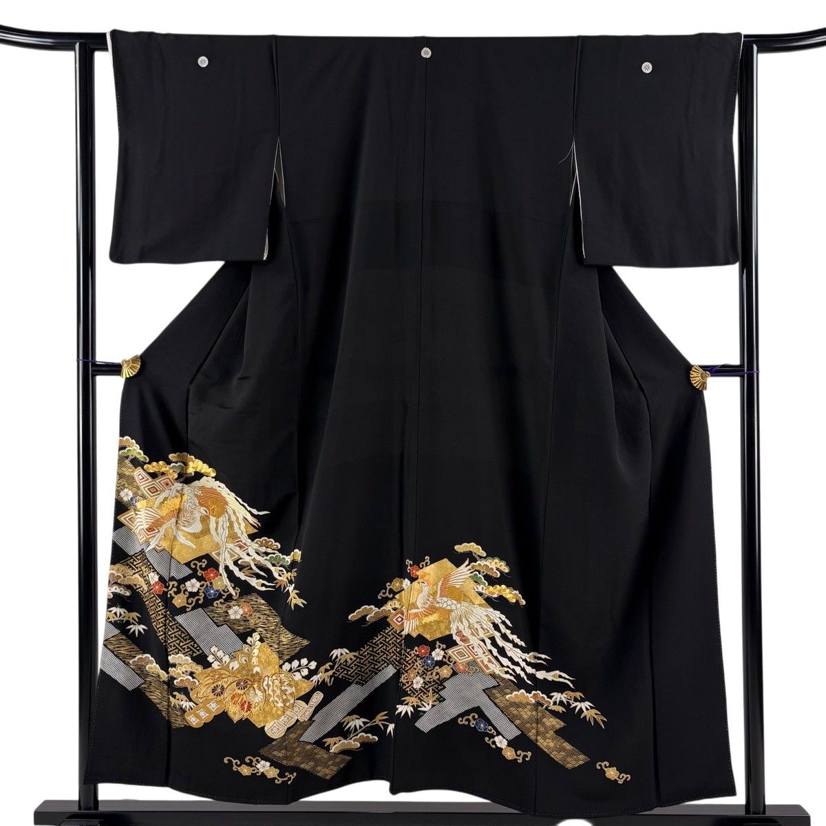 黒留袖 身丈153.5cm 裄丈62cm S 袷 千總 落款 鳳凰 松 金糸 金彩 黒 正絹 逸品 【中古】
