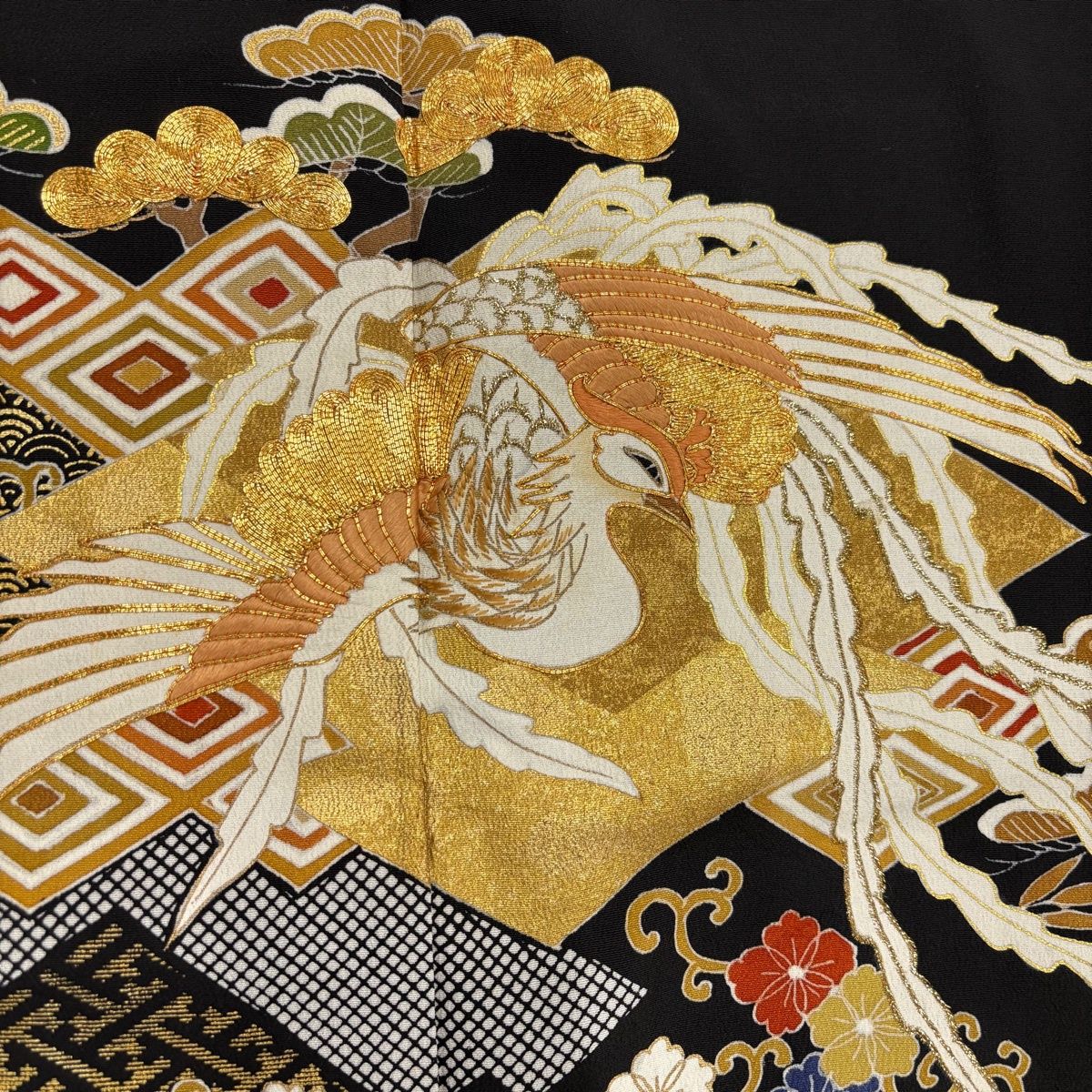 黒留袖 身丈153.5cm 裄丈62cm S 袷 千總 落款 鳳凰 松 金糸 金彩 黒