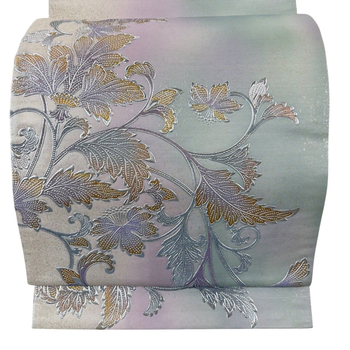 【美品】 袋帯 逸品 落款 京金彩 草花 金銀彩 箔 薄紫 お太鼓柄 正絹 【中古】