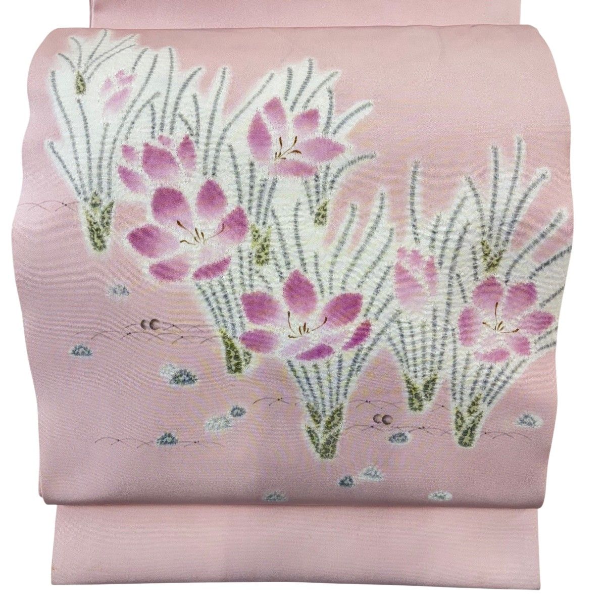 開き名古屋帯 逸品 福村廣利 落款 草花 絞り 薄ピンク 正絹 【中古】