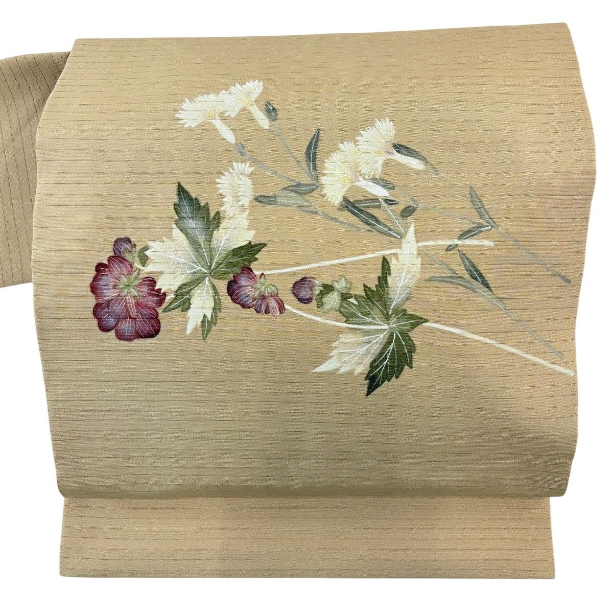 【美品】 名古屋帯 逸品 落款 夏帯 絽 楠目ちづ 草花 銀彩 薄茶色 正絹 【中古】