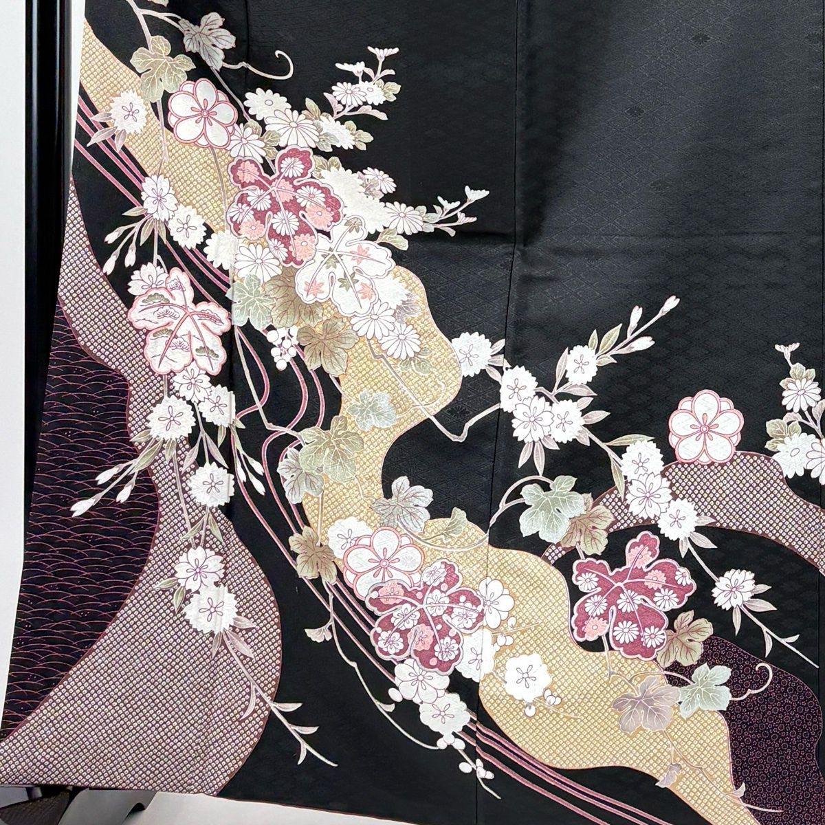 訪問着 身丈164cm 裄丈65.5cm M 袷 梅 桜 金彩 黒 化繊 優品 【中古 