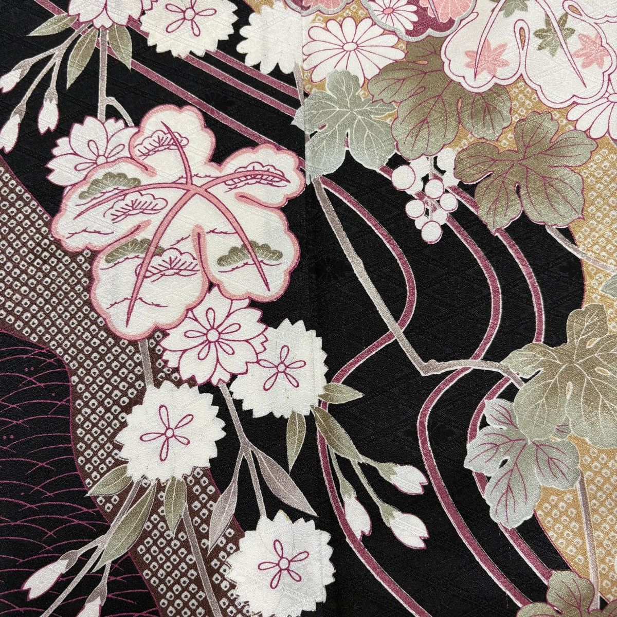 訪問着 身丈164cm 裄丈65.5cm M 袷 梅 桜 金彩 黒 化繊 優品 【中古 
