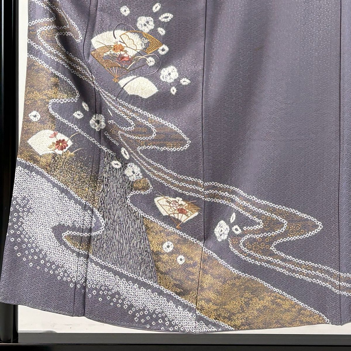 付下げ 身丈154.5cm 裄丈64cm M 袷 扇 流水 刺繍 絞り 灰紫 正絹 優品
