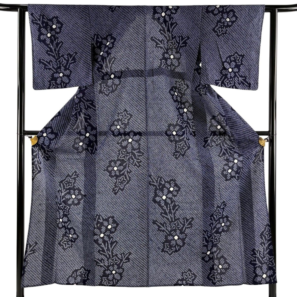 【美品】 浴衣 身丈152cm 裄丈61cm S 絞り浴衣 草花 濃紺 綿 名品 【中古】