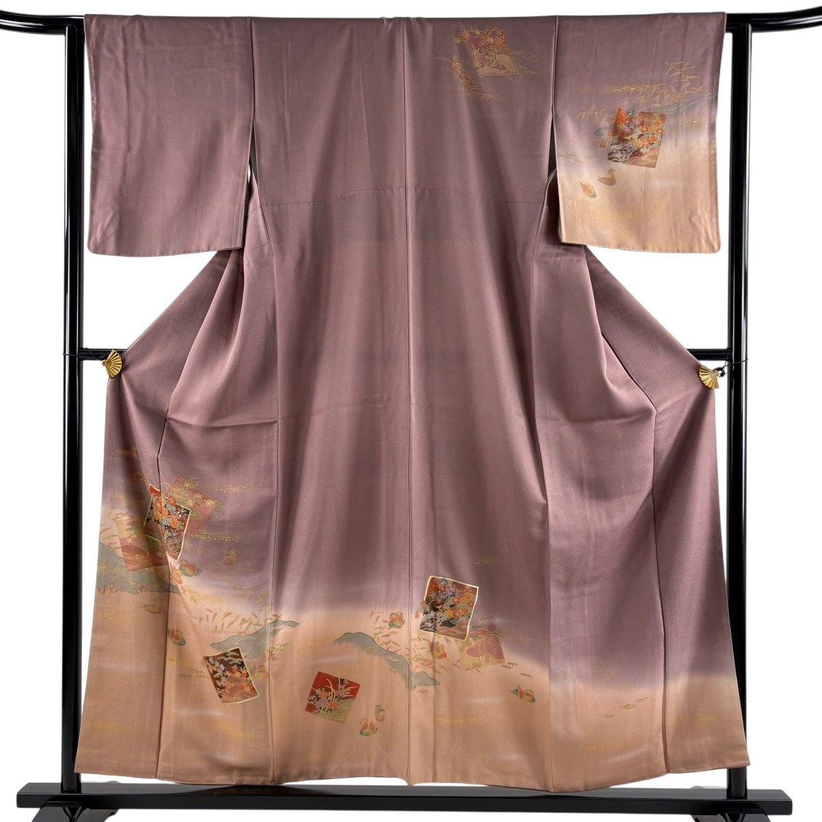訪問着 身丈154.5cm 裄丈63cm S 袷 色紙 草花 螺鈿 金銀彩 紫 正絹 名品 【中古】