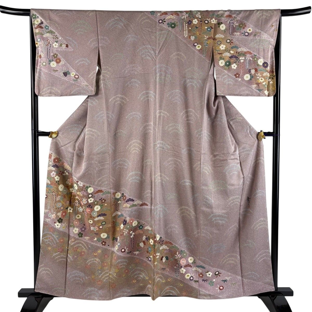 訪問着 身丈158.5cm 裄丈66.5cm M 袷 松井青々 落款 松竹梅 藤 刺繍 金彩 灰紫 正絹 名品 一つ紋 【中古】
