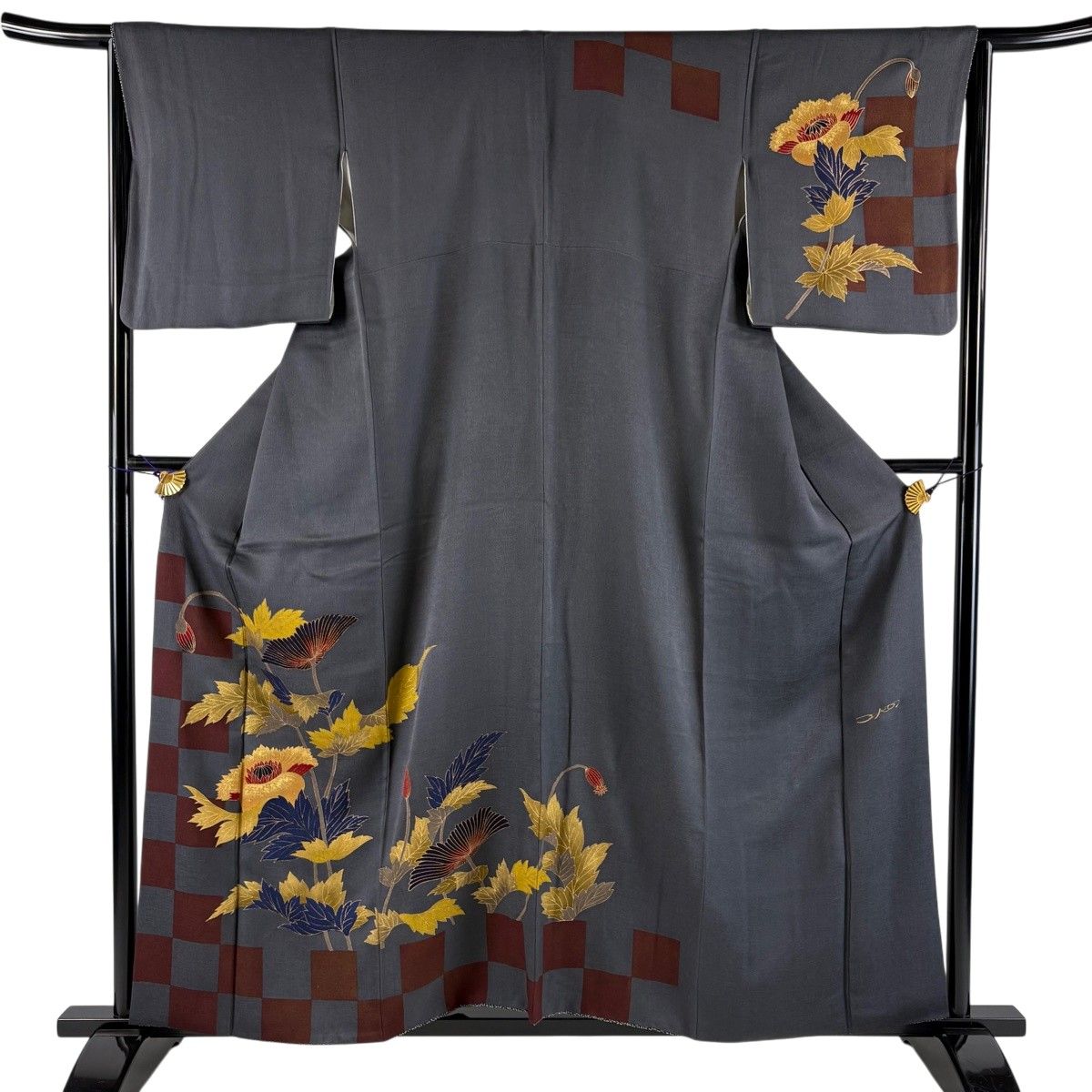 付下げ 身丈158.5cm 裄丈65cm M 袷 コシノヒロコ 落款 草花 市松 金彩 墨色 正絹 名品 【中古】