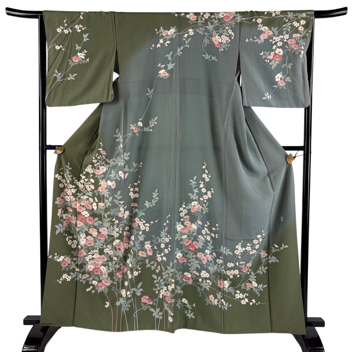 訪問着 身丈161.5cm 裄丈65.5cm M 袷 落款 枝花 染め分け ぼかし 灰緑 正絹 名品 【中古】