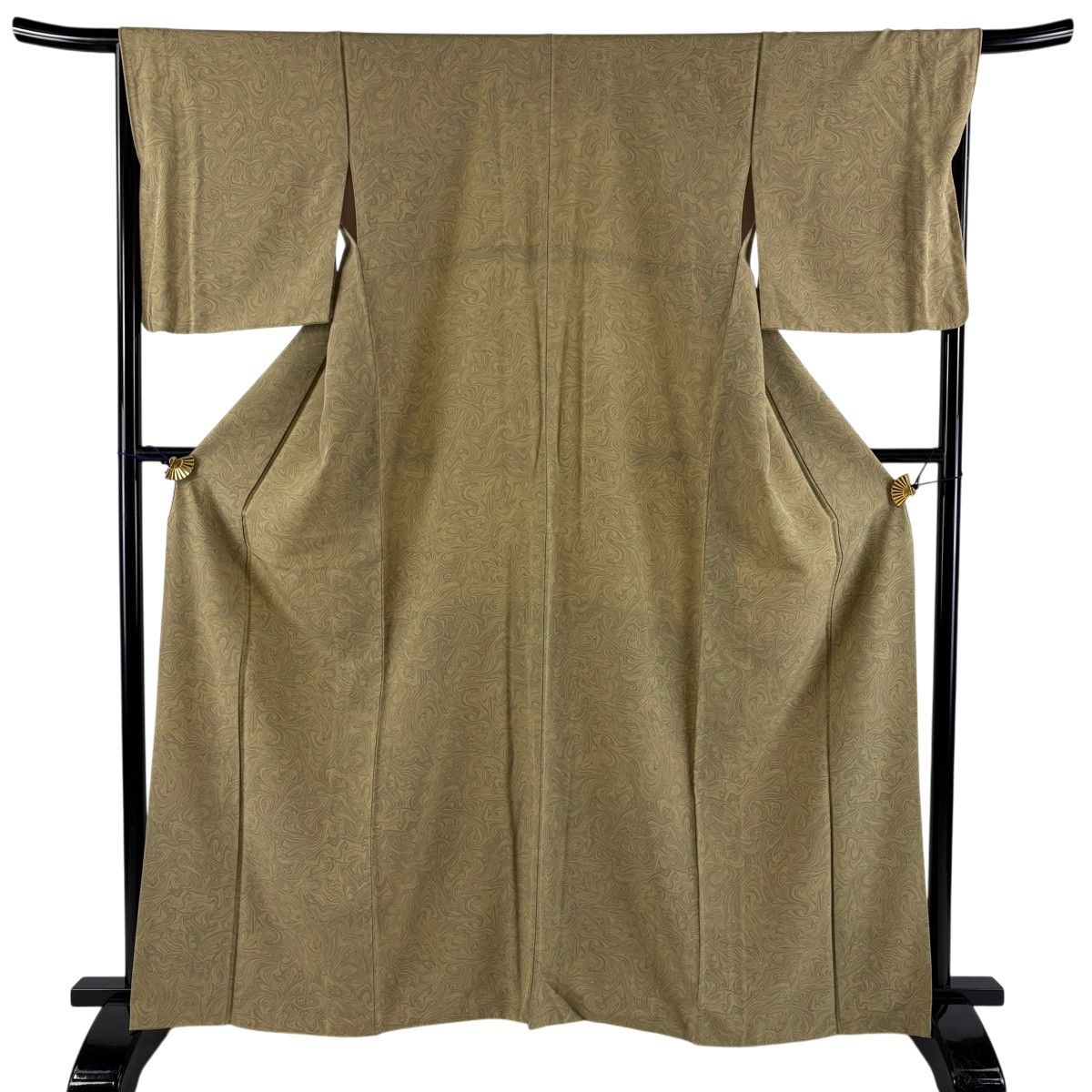 【美品】 小紋 身丈163cm 裄丈67cm M 袷 墨流し 薄黄土色 正絹 名品 【中古】