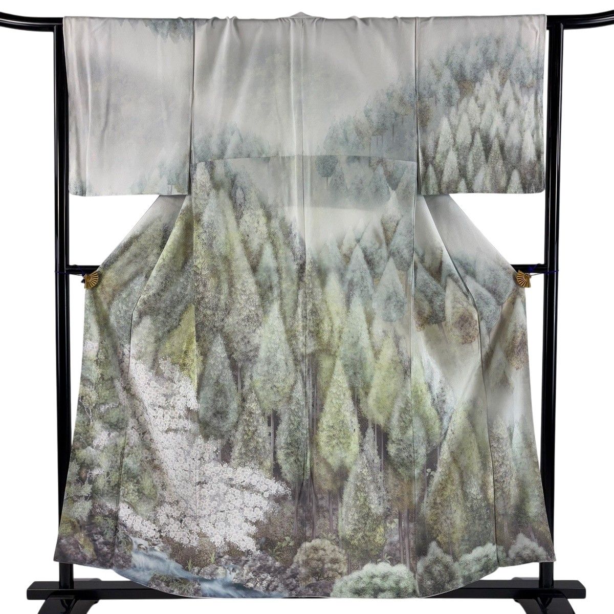 【美品】 訪問着 身丈156.5cm 裄丈66cm M 袷 桜 樹木 ぼかし 灰緑 正絹 名品 【中古】