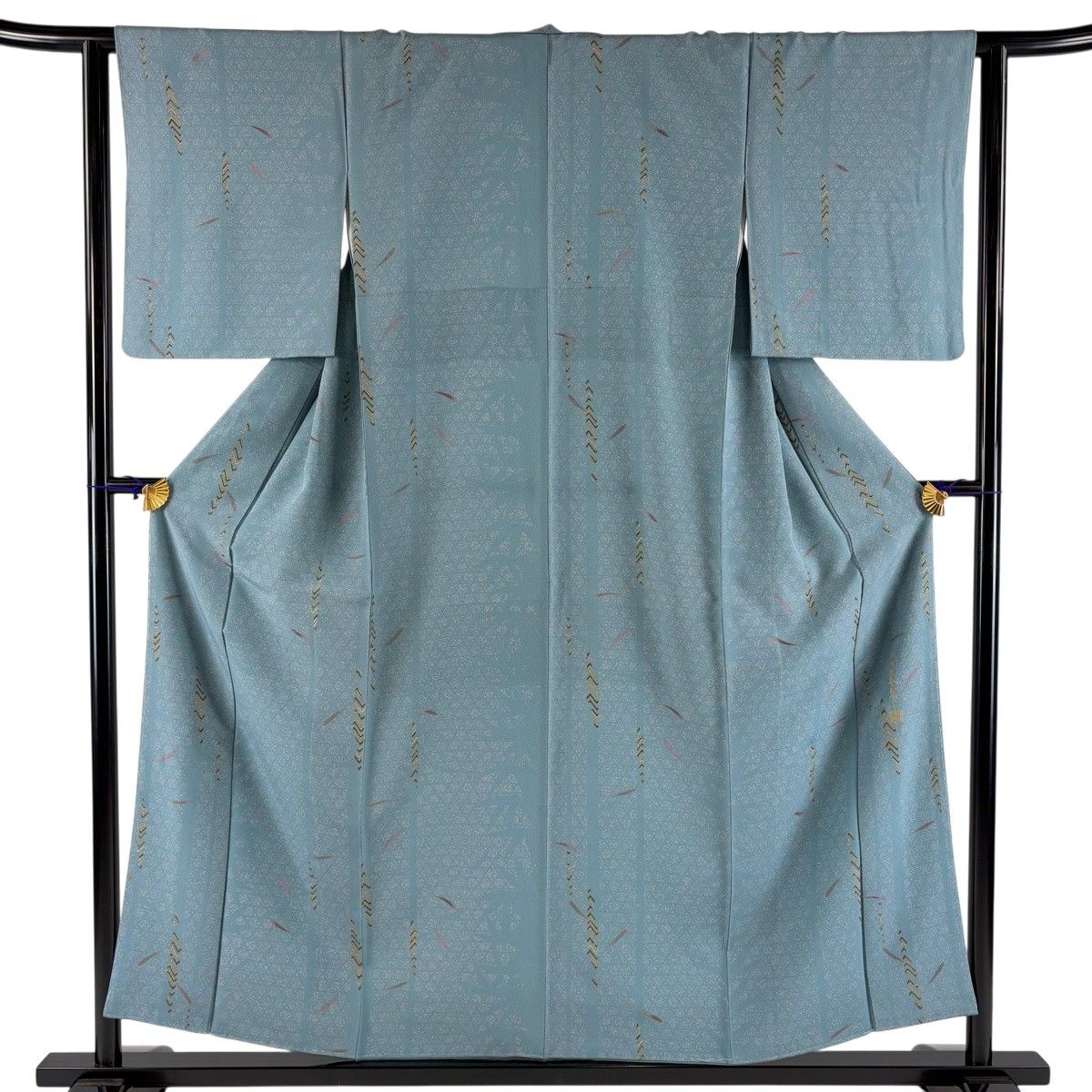 【美品】 小紋 身丈156.5cm 裄丈63cm S 袷 千地泰弘 落款 幾何学模様 葉 金彩 青緑 正絹 名品 【中古】