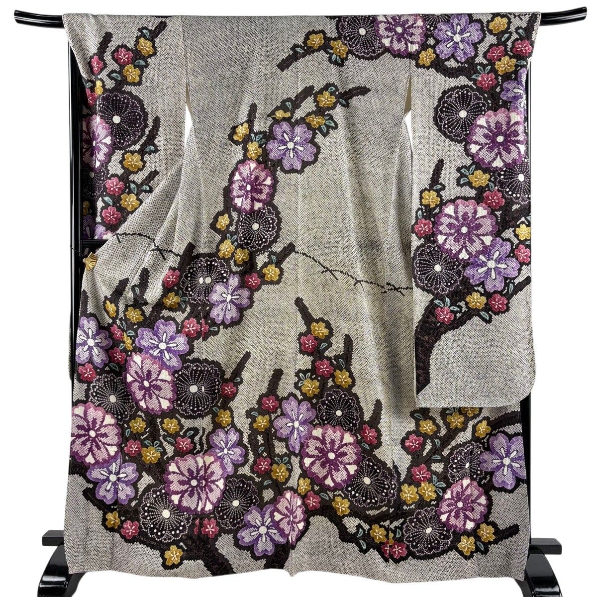振袖 身丈167cm 裄丈69.5cm L 袷 桜 絞り 焦茶色 正絹 名品 【中古】