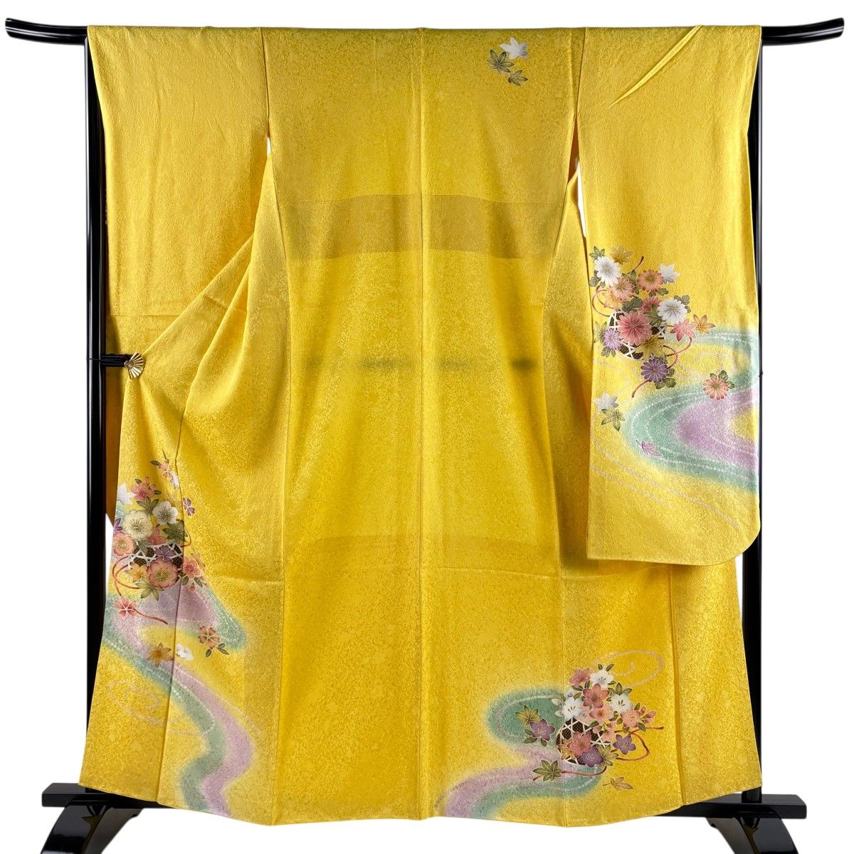 【美品】 振袖 身丈162cm 裄丈65.5cm M 袷 桜 流水 箔 金彩 黄色 正絹 名品 【中古】