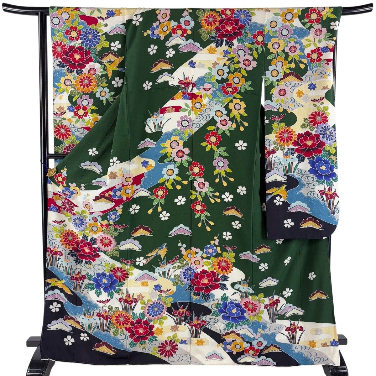 振袖 身丈168cm 裄丈66.5cm M 袷 牡丹 笠松 染め分け 深緑 正絹 名品