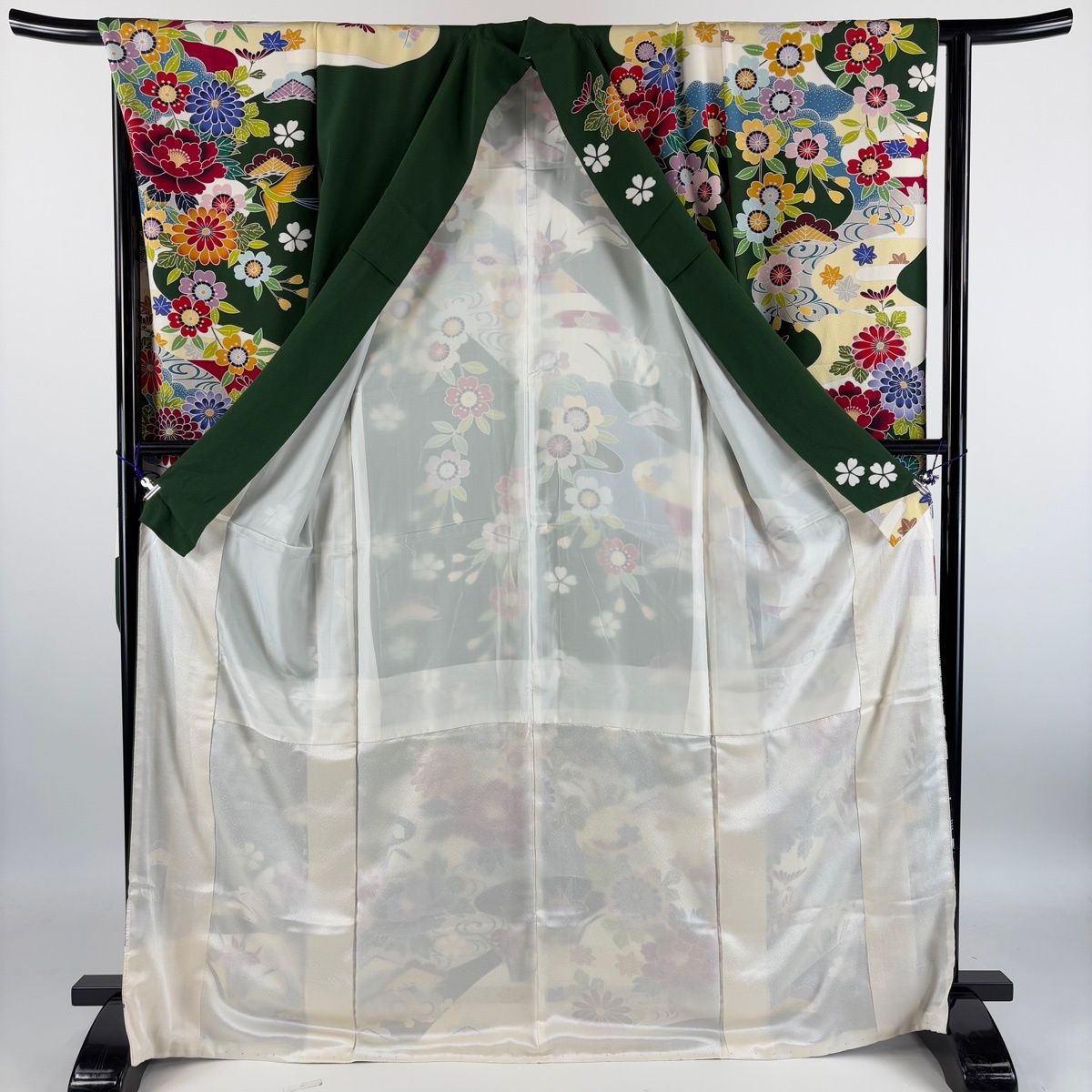 振袖 身丈168cm 裄丈66.5cm M 袷 牡丹 笠松 染め分け 深緑 正絹 名品