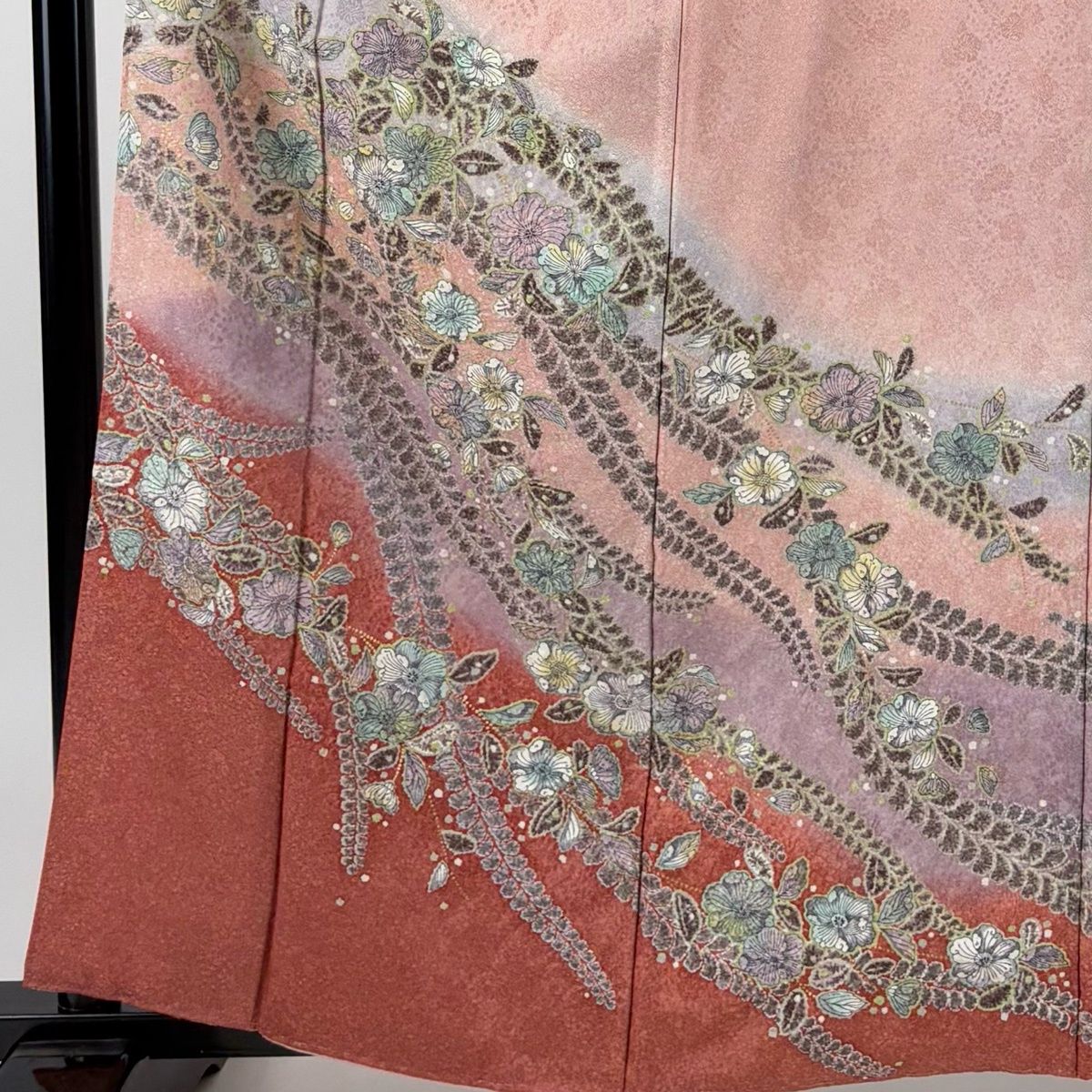 祝日セール【レア！美品】大正モダン、繊細な洋花に美しいぼかしの逸品☆正絹名古屋帯 美品】 訪問着 身丈162.5cm 裄丈67.5cm L 袷 落款 草花 金彩 ぼかし