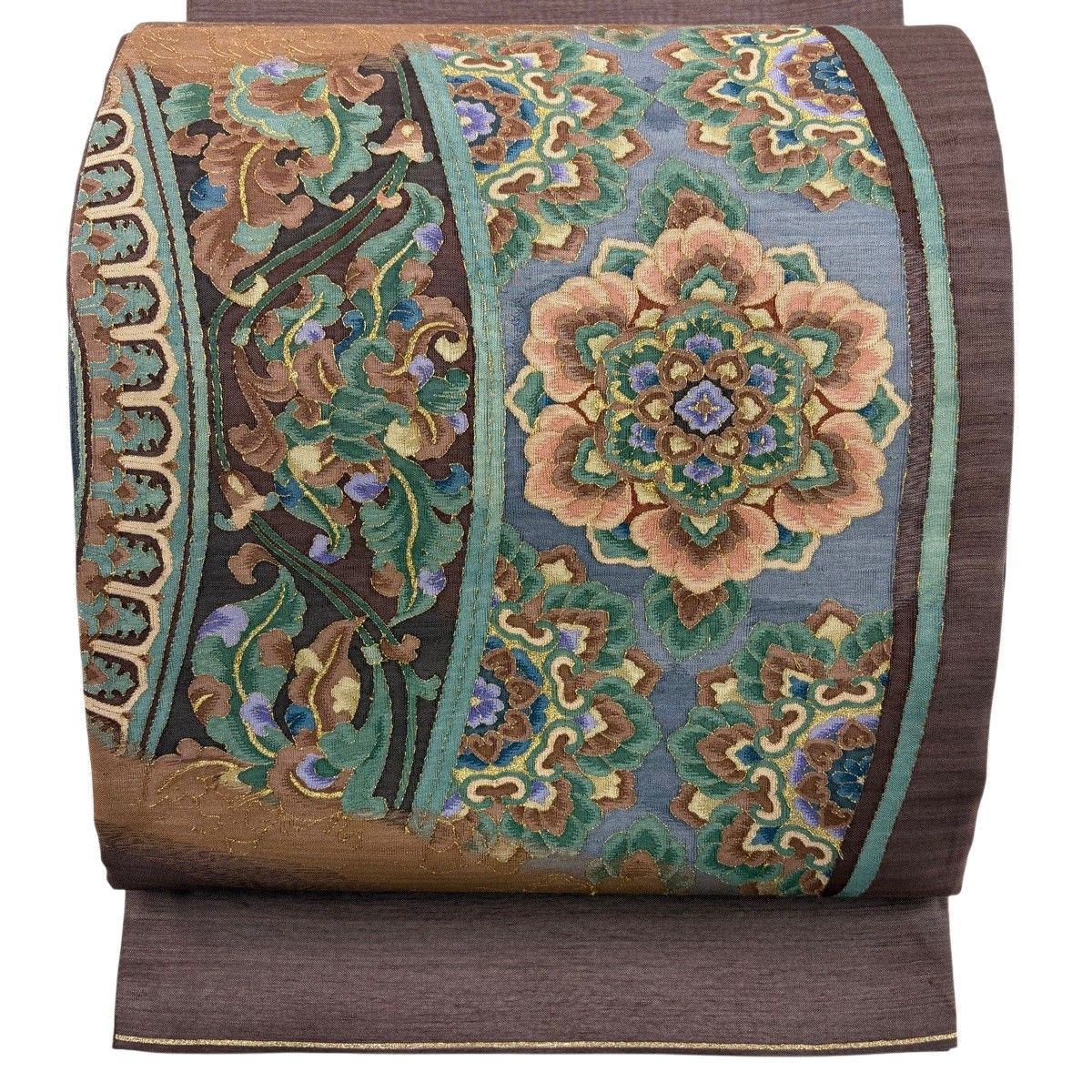 【美品】 袋帯 名品 華文 草花 金糸 灰紫 お太鼓柄 正絹 【中古】