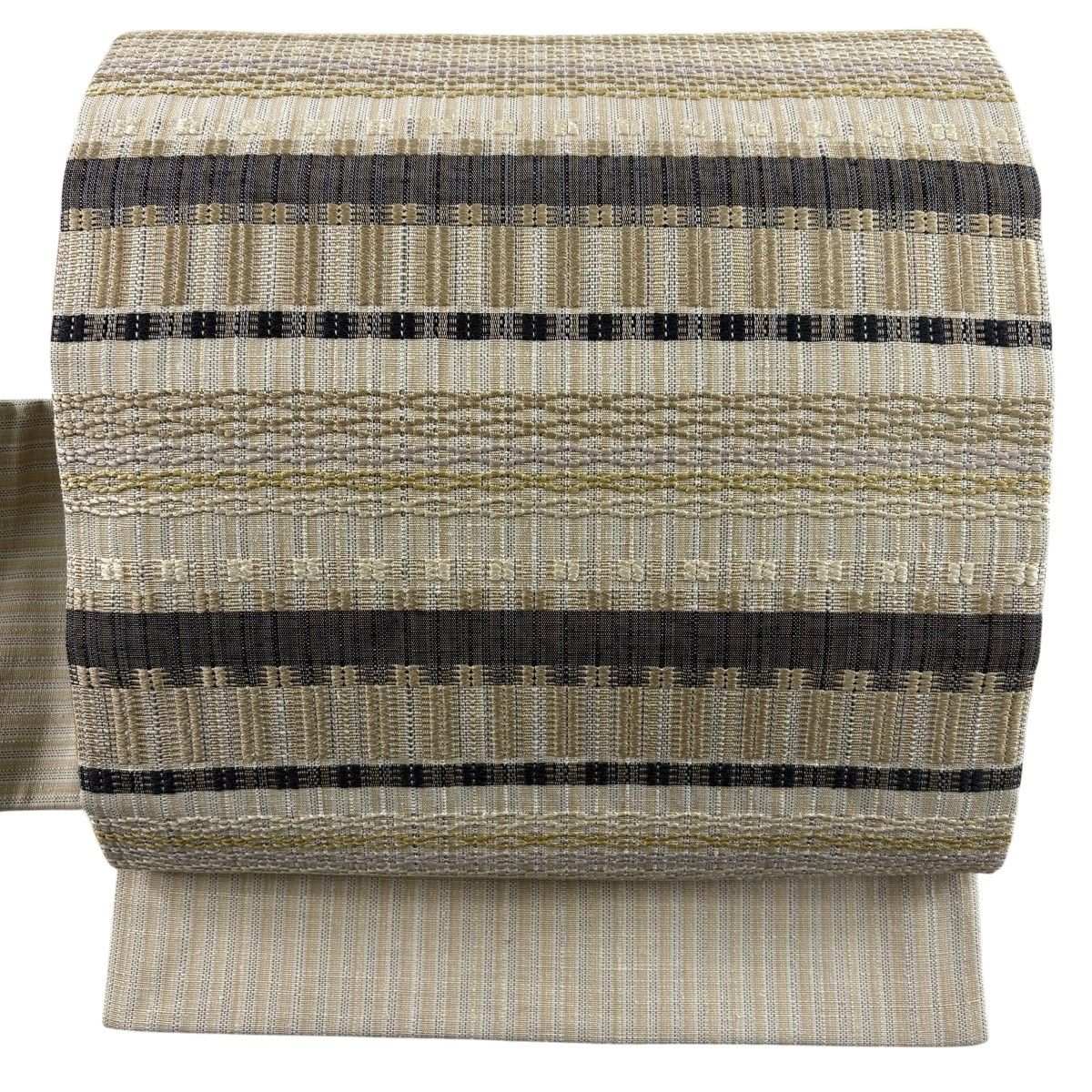 名古屋帯 名品 幾何学模様 縞 灰茶 正絹 【中古】