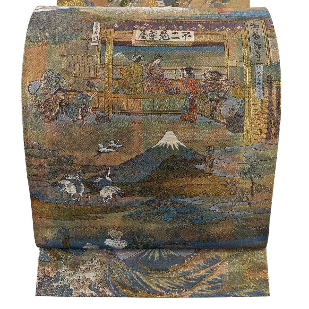 【美品】 袋帯 名品 富嶽三十六景 人物 風景 箔 金銀糸 金色 全通 正絹 【中古】
