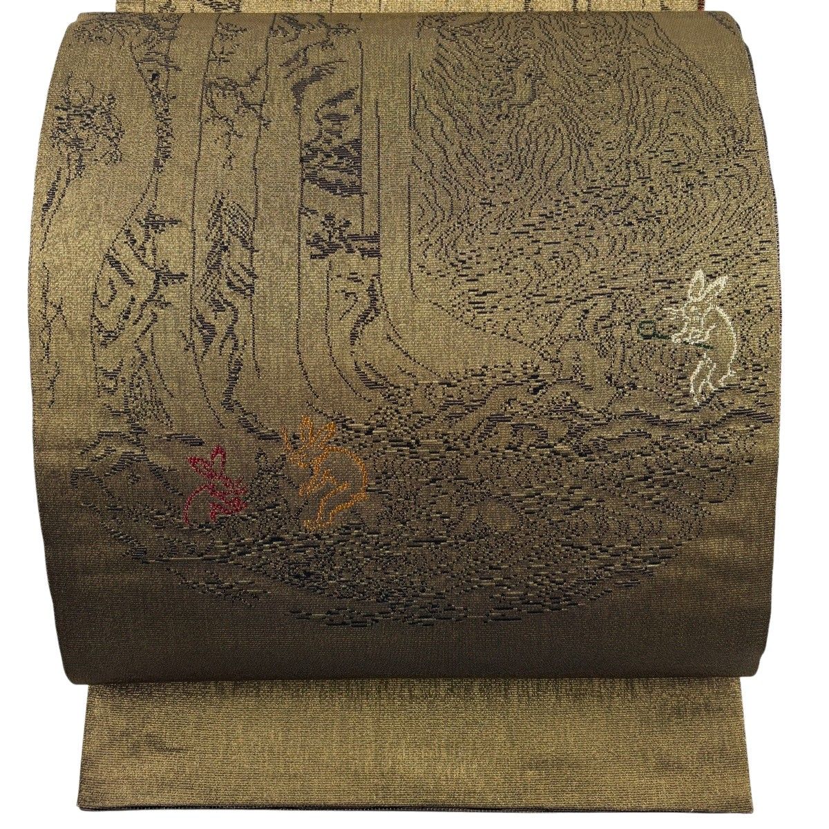 【美品】 袋帯 名品 落款 織人七人衆 鳥獣戯画 金通し 金茶 お太鼓柄 正絹 【中古】