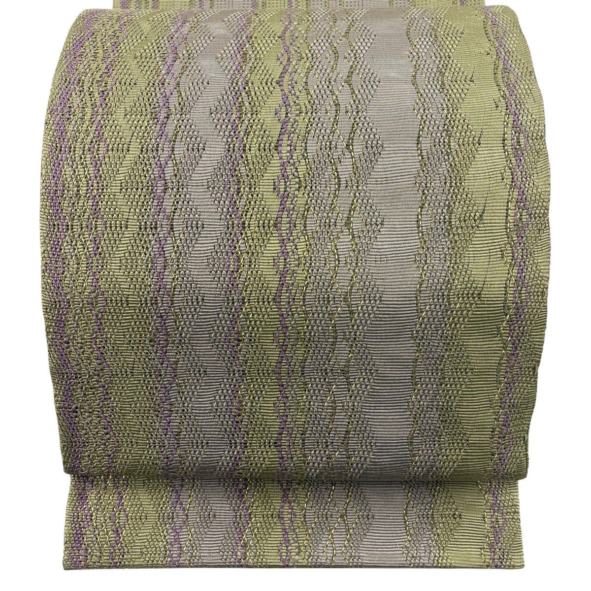 【美品】 袋帯 名品 幾何学模様 金糸 抹茶色 お太鼓柄 正絹 【中古】