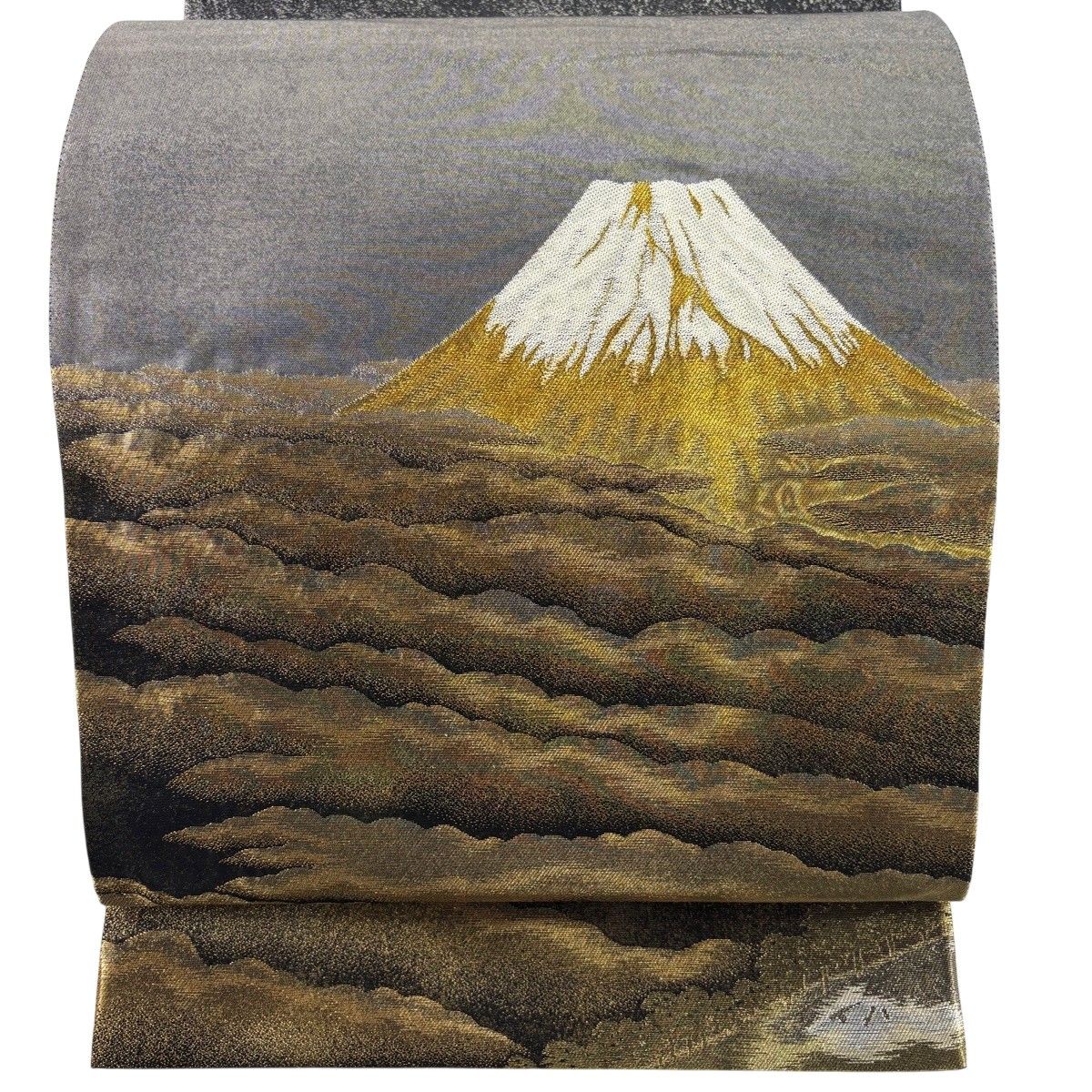【美品】 袋帯 名品 横山大観 落款 朝陽雲峰 金糸 灰色 お太鼓柄 正絹 【中古】
