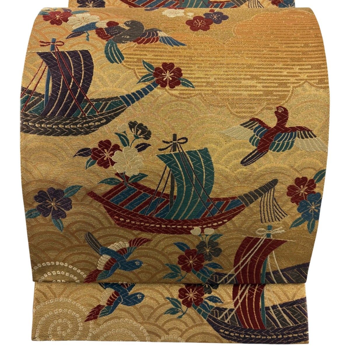 袋帯 名品 花鳥 舟 金糸 箔 山吹茶色 六通 正絹 【中古】