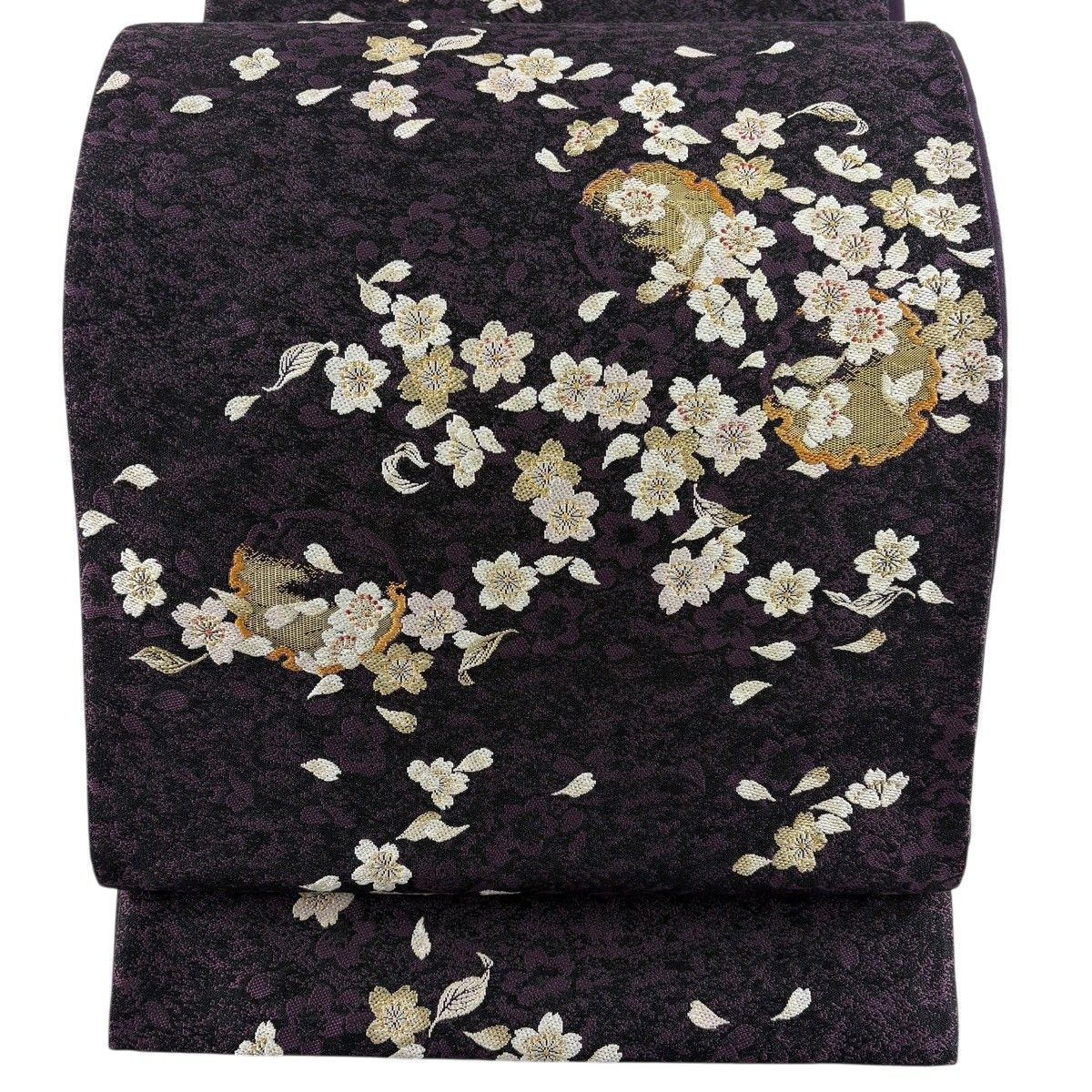 袋帯 名品 雪輪 桜 箔 金糸 紫 六通 正絹 【中古】