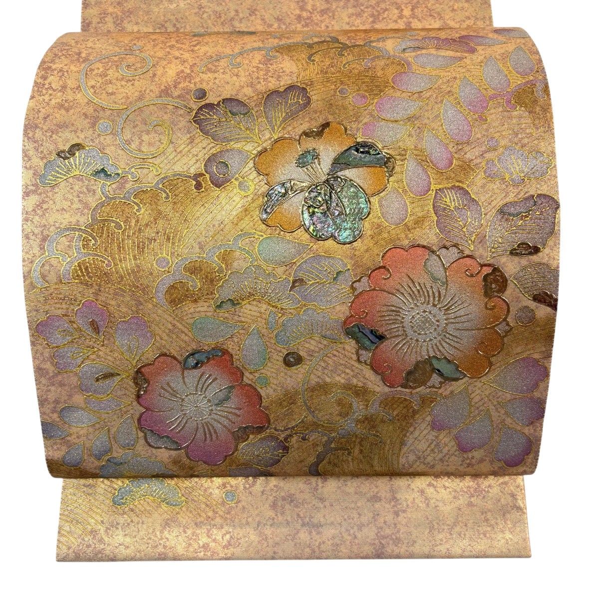袋帯 名品 落款 辻が花 波 螺鈿 金銀彩 金色 お太鼓柄 正絹 【中古】