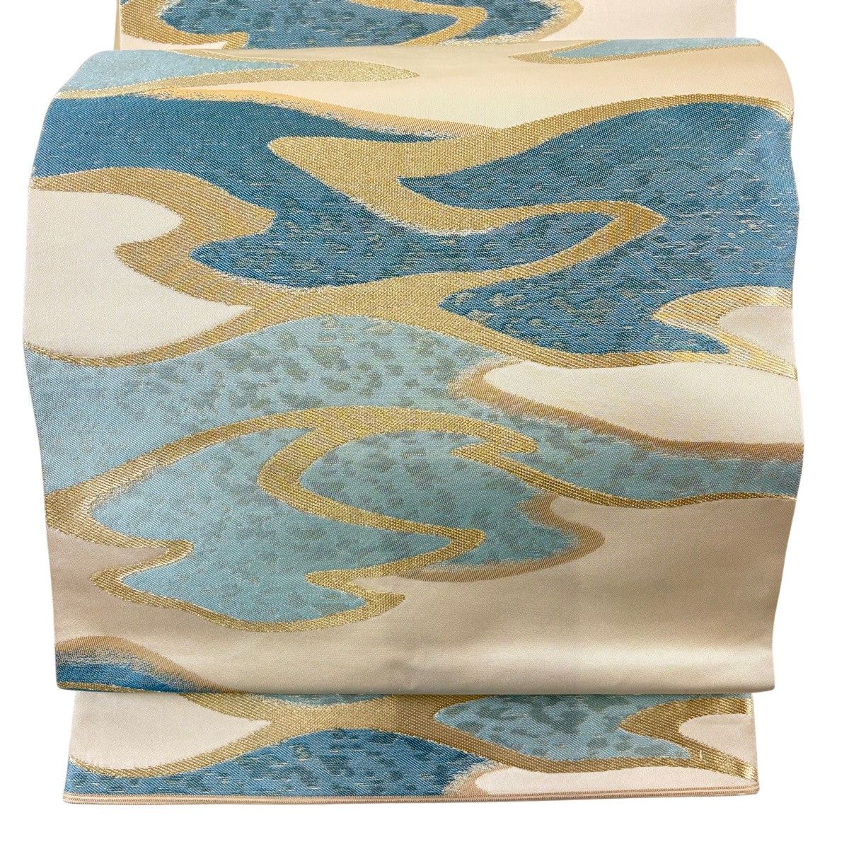 【美品】 袋帯 名品 川島織物 落款 関西仕立て 霞 金糸 箔 ベージュ 六通 正絹 【中古】