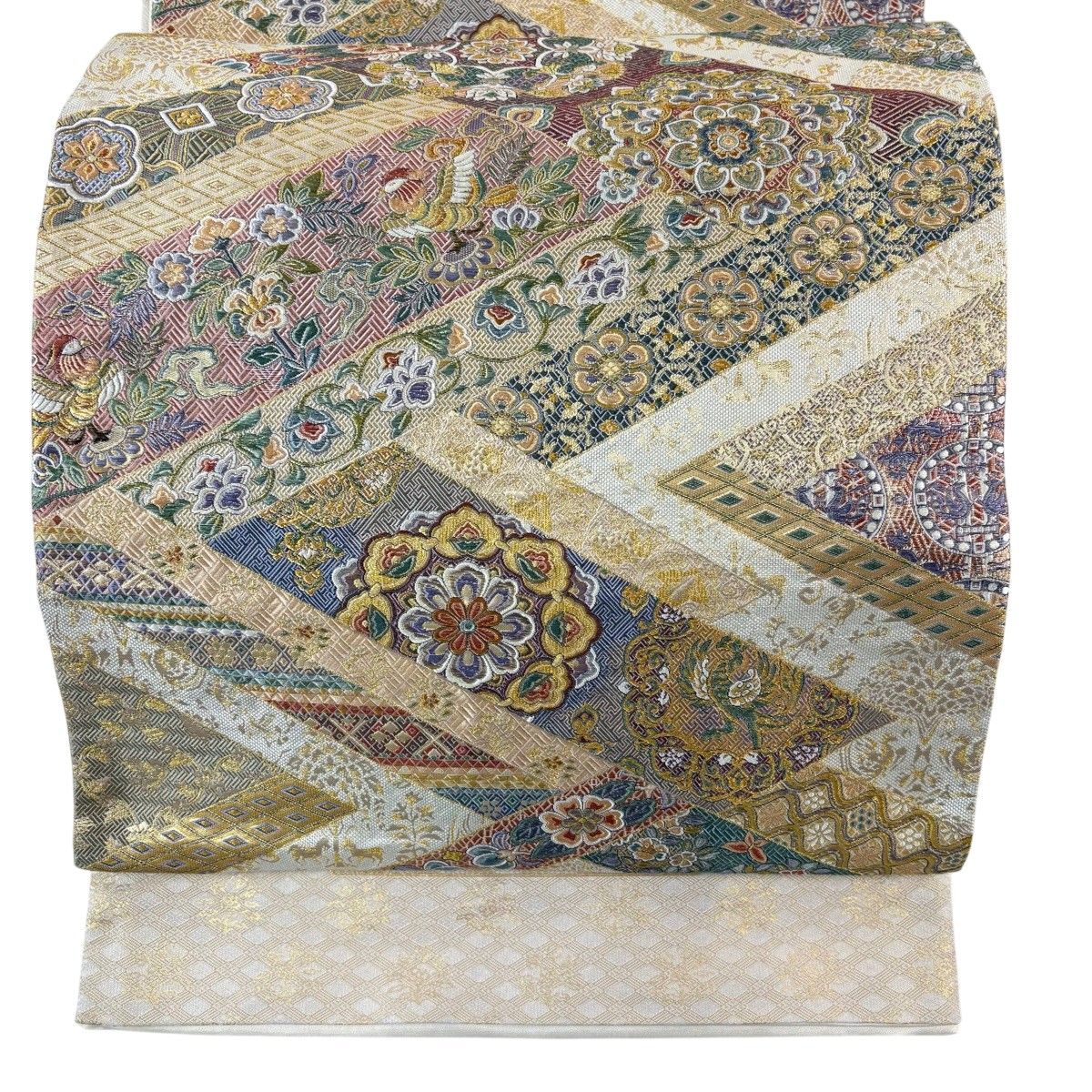 【美品】 袋帯 名品 花鳥 華文 金糸 箔 ベージュ 六通 正絹 【中古】
