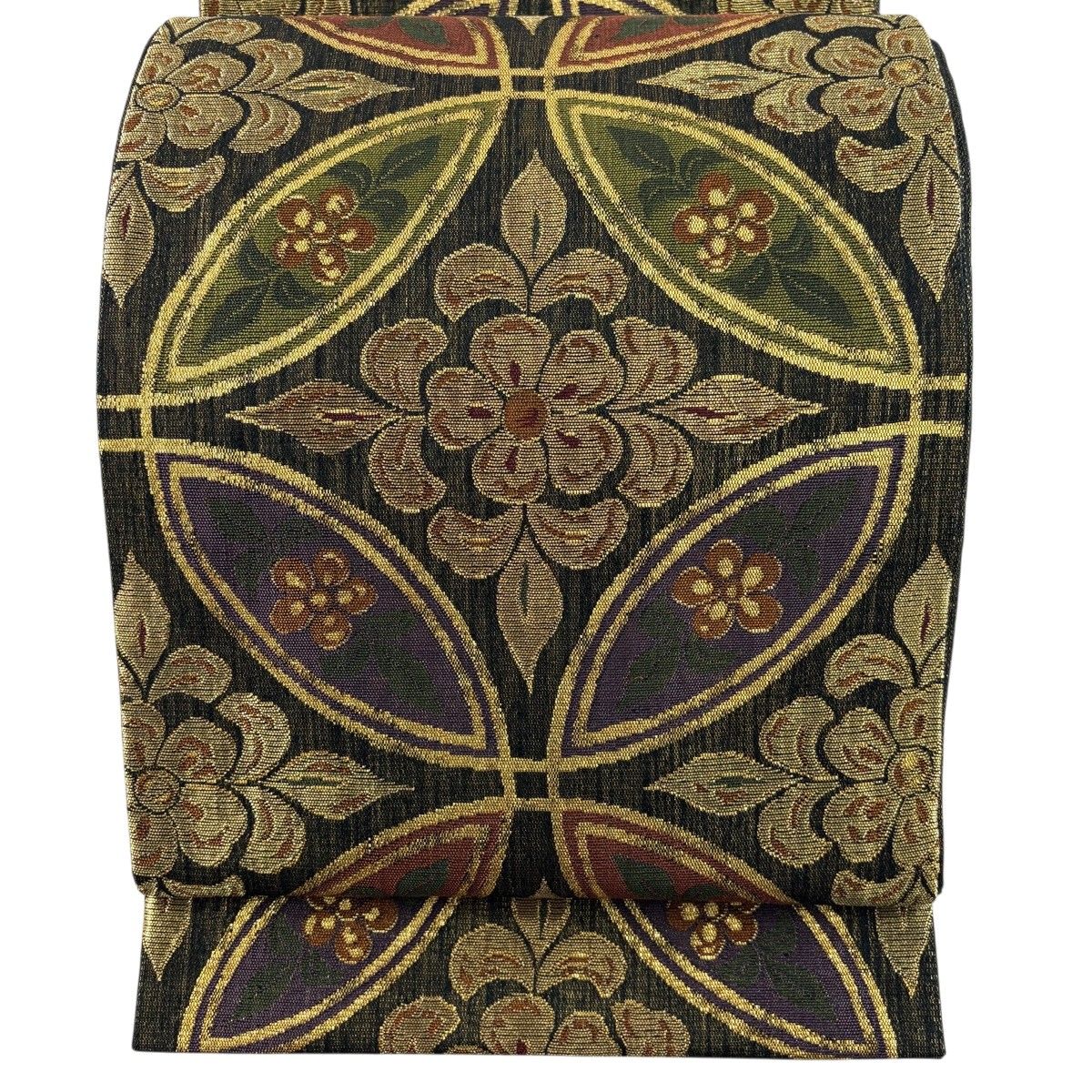 【美品】 袋帯 名品 七宝 草花 金糸 箔 黒 六通 正絹 【中古】