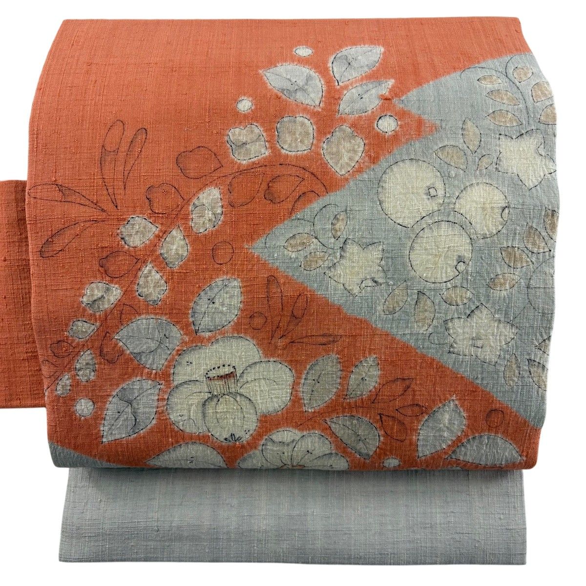 名古屋帯 名品 紬地 辻が花柄 松皮菱 絞り風 染め分け オレンジ 正絹 【中古】