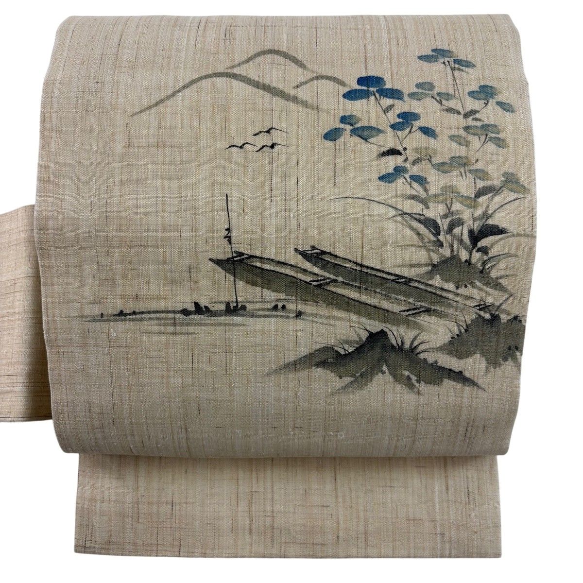 【美品】 名古屋帯 名品 紬地 夏帯 舟 草花 ベージュ 正絹 【中古】