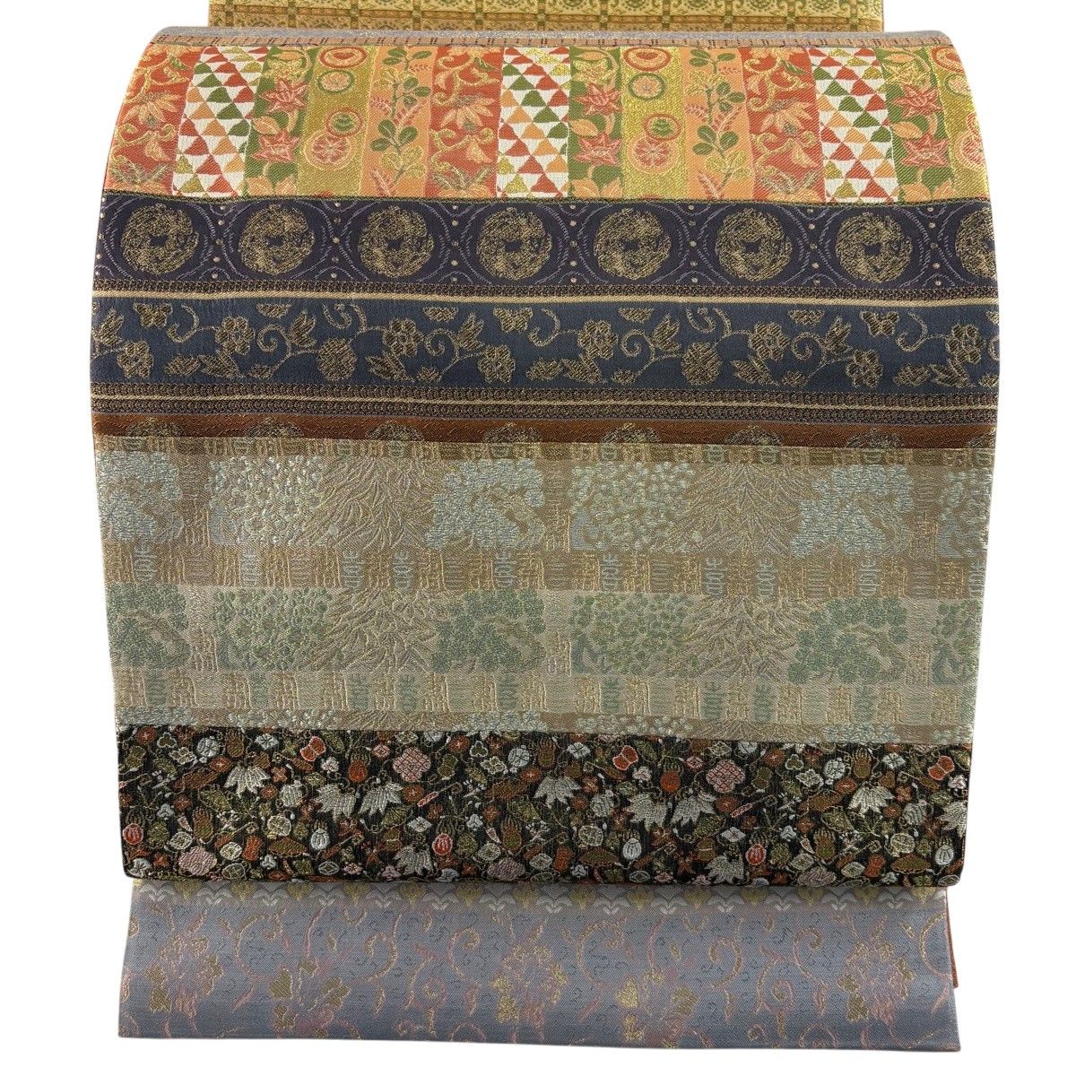 【美品】 袋帯 名品 松竹梅 宝尽くし 金糸 灰緑 全通 正絹 【中古】