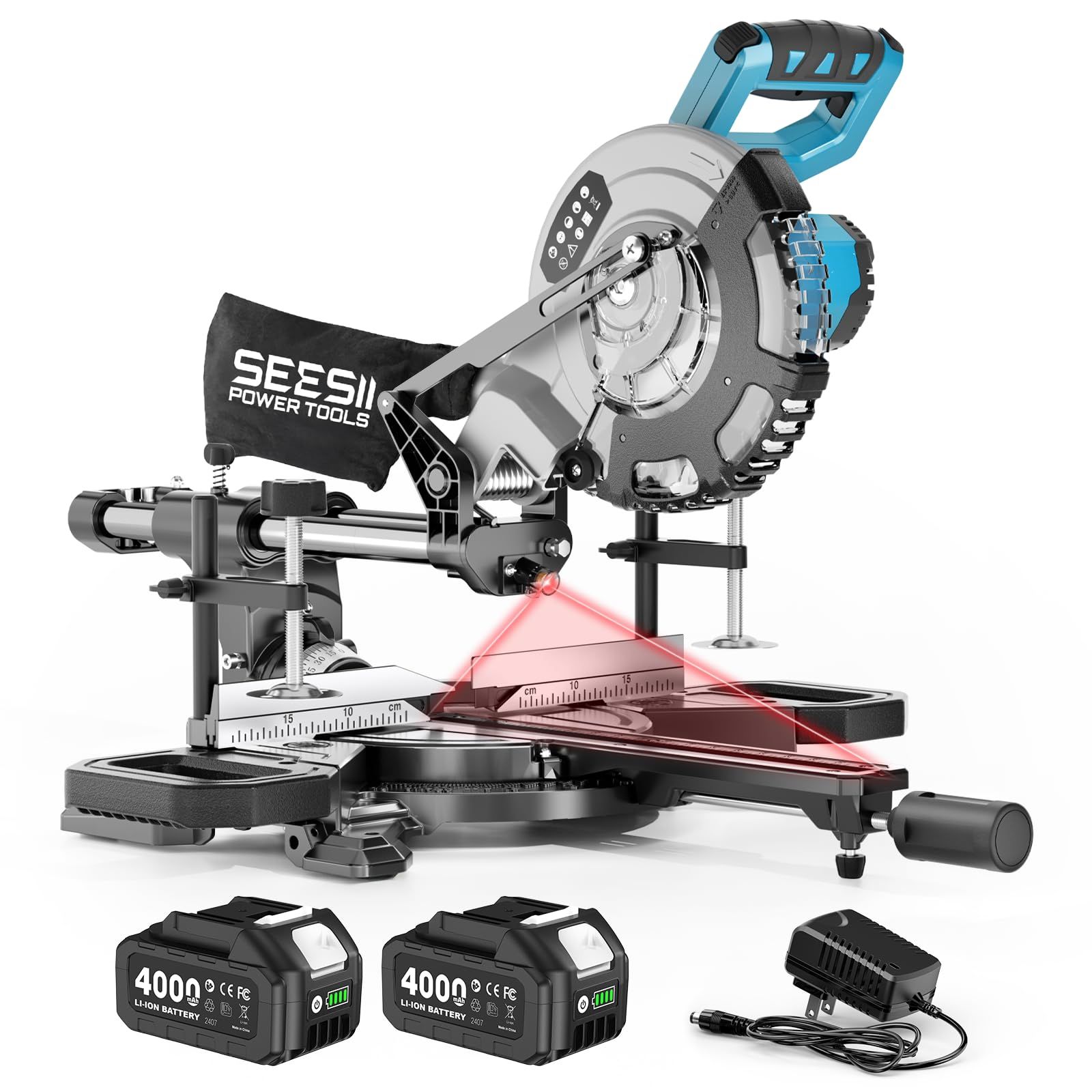 SEESII 卓上スライド丸のこ 刃径210mm 最大切断幅305mm 充電式 電動 スライド丸鋸 8インチ レーザー付き 卓上丸ノコ 4.0Ah大容量バッテリー2個 ブラシレスモーター 無段階変速 LED自動点灯 目盛付き 安全スイッチ 集 c840824c