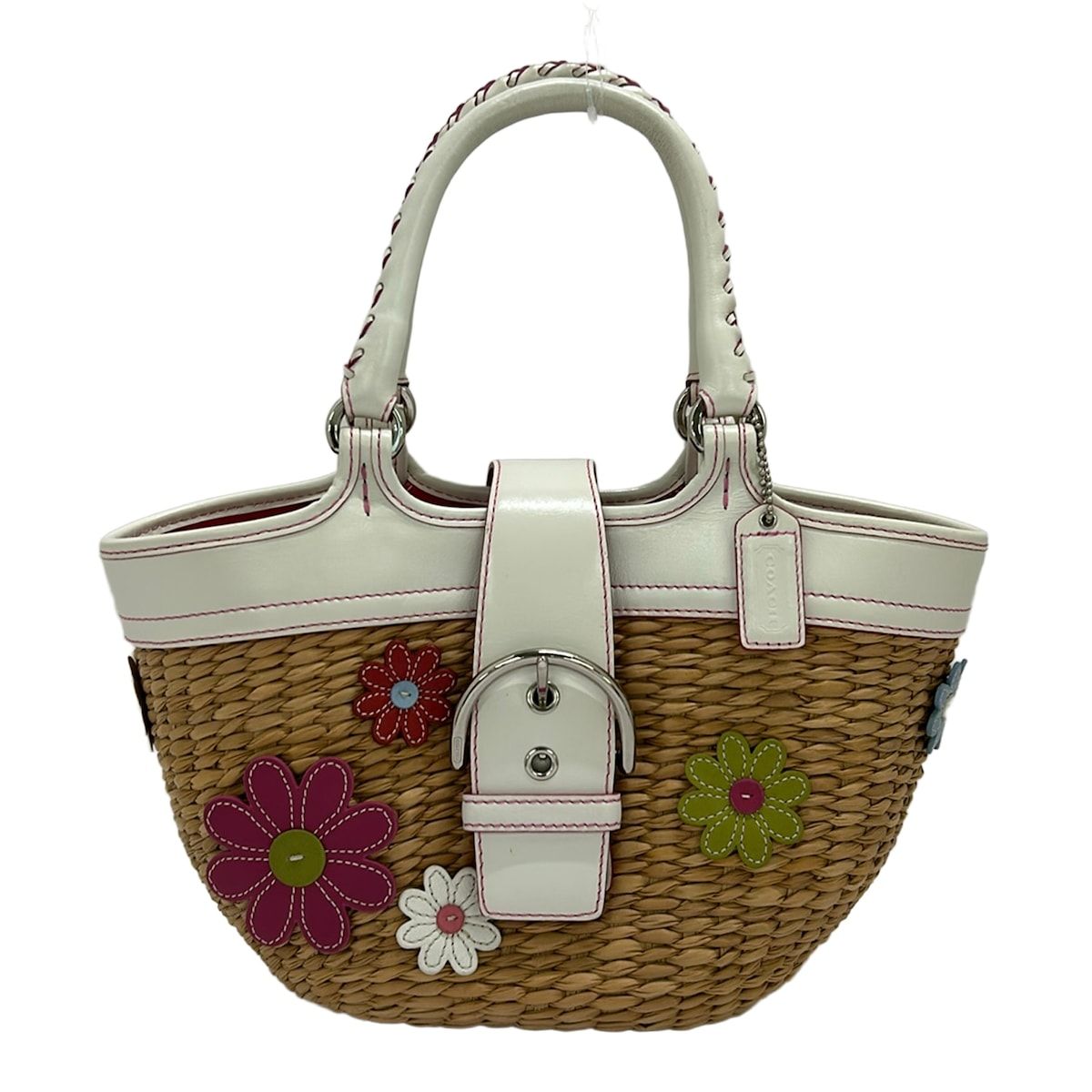 COACH(コーチ) ハンドバッグ - 4443 ベージュ×白 かごバッグ/フラワー(花) レザー 9,300円