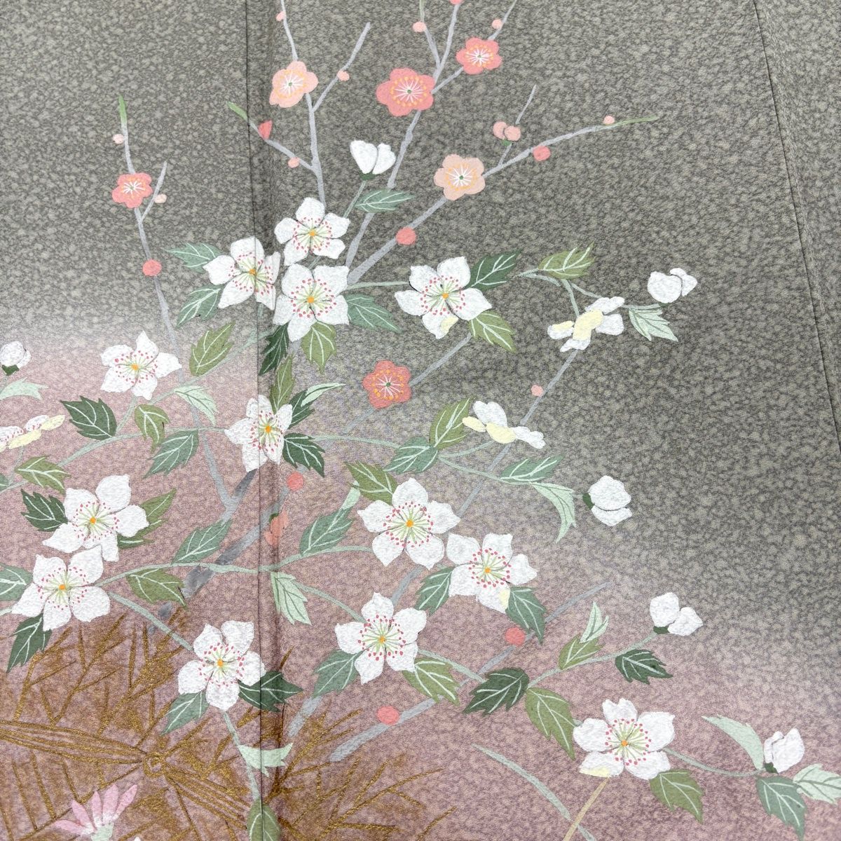 美品】 訪問着 身丈158cm 裄丈63.5cm S 袷 枝梅 草花 金彩 ぼかし 灰緑