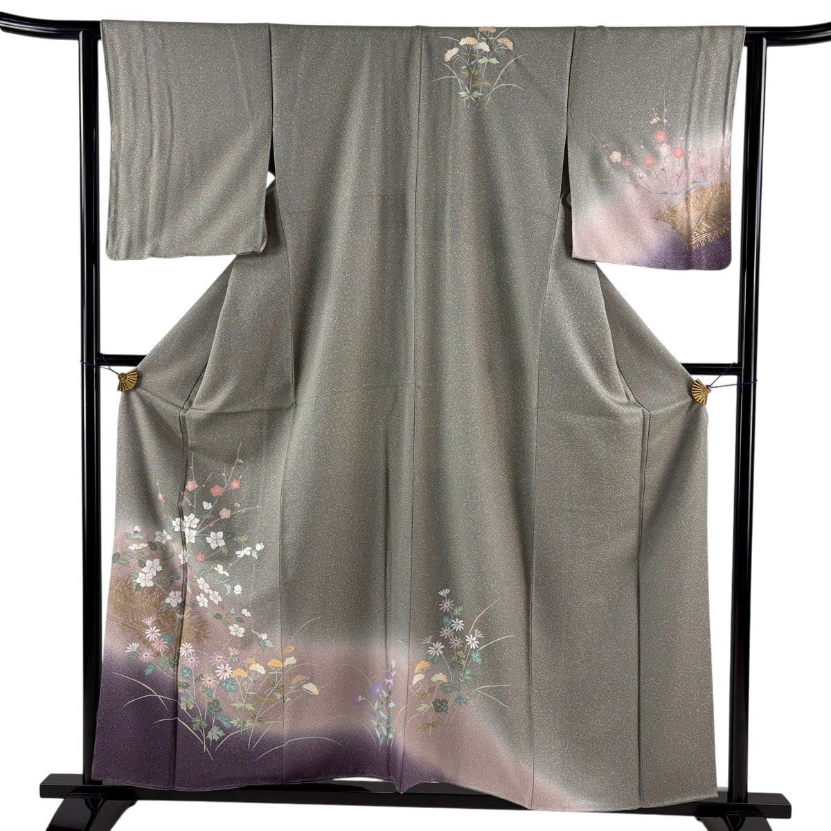 【美品】 訪問着 身丈158cm 裄丈63.5cm S 袷 枝梅 草花 金彩 ぼかし 灰緑 正絹 秀品 【中古】