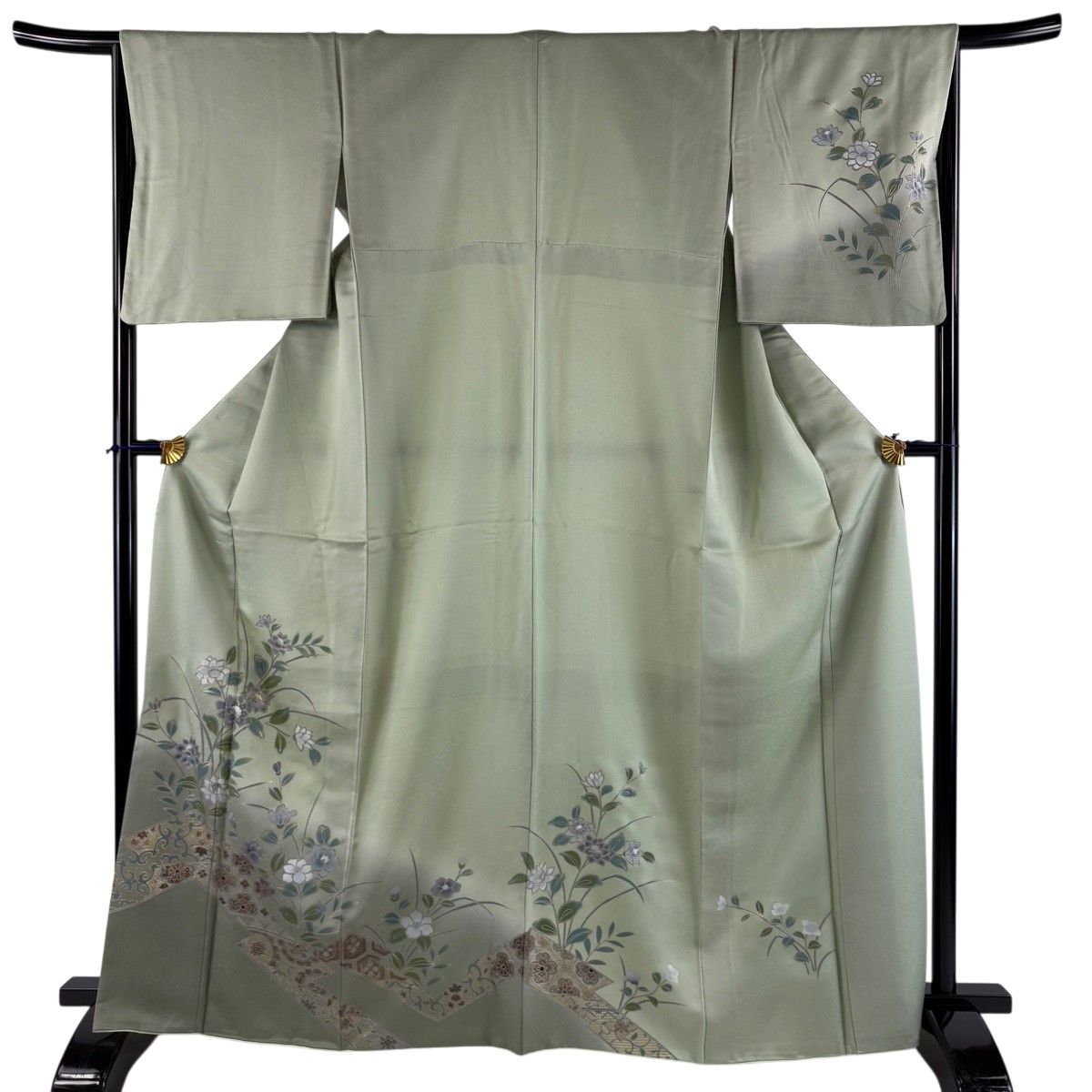 訪問着 身丈167cm 裄丈65cm M 袷 草花 華文 金彩 螺鈿 薄緑 正絹 秀品 【中古】