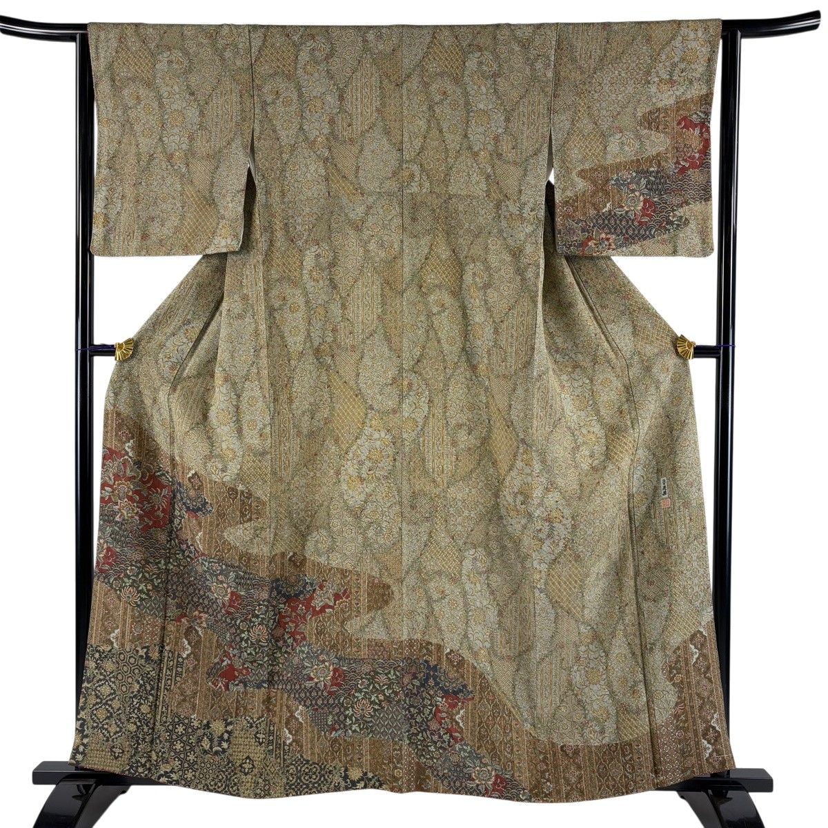 【美品】 付下げ 身丈158cm 裄丈62cm S 袷 二代目 更甚 落款 草花 霞 灰緑 正絹 秀品 【中古】