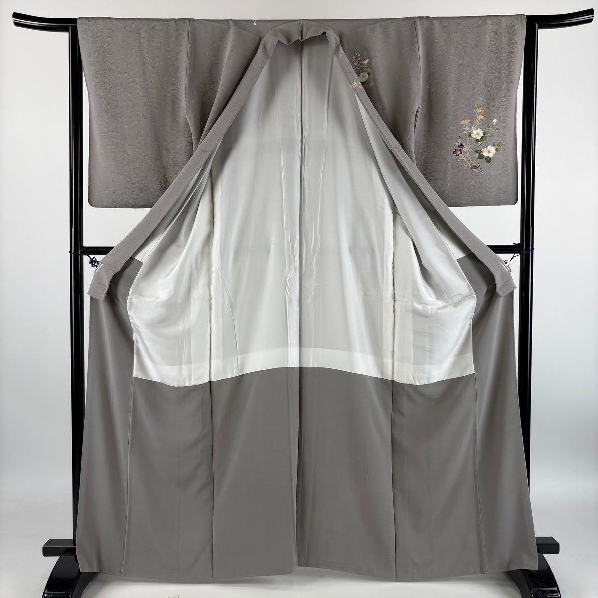 訪問着 身丈164.5cm 裄丈64.5cm M 袷 菊 萩 染め分け ぼかし 灰色 正絹 秀品 【中古】