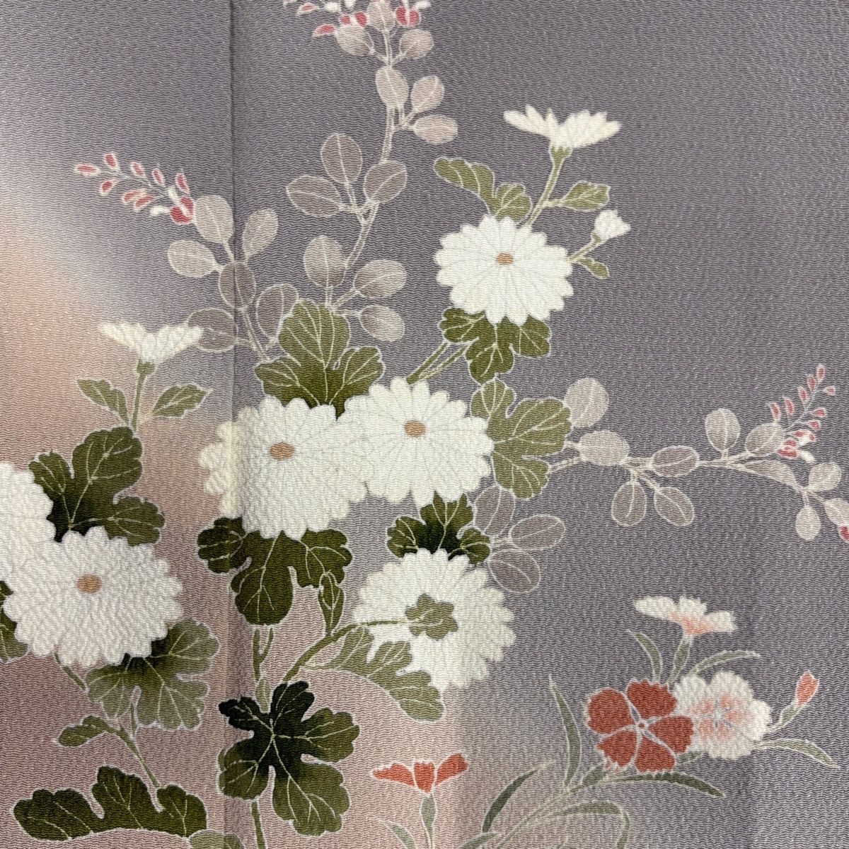 訪問着 身丈164.5cm 裄丈64.5cm M 袷 菊 萩 染め分け ぼかし 灰色 正絹 秀品 【中古】