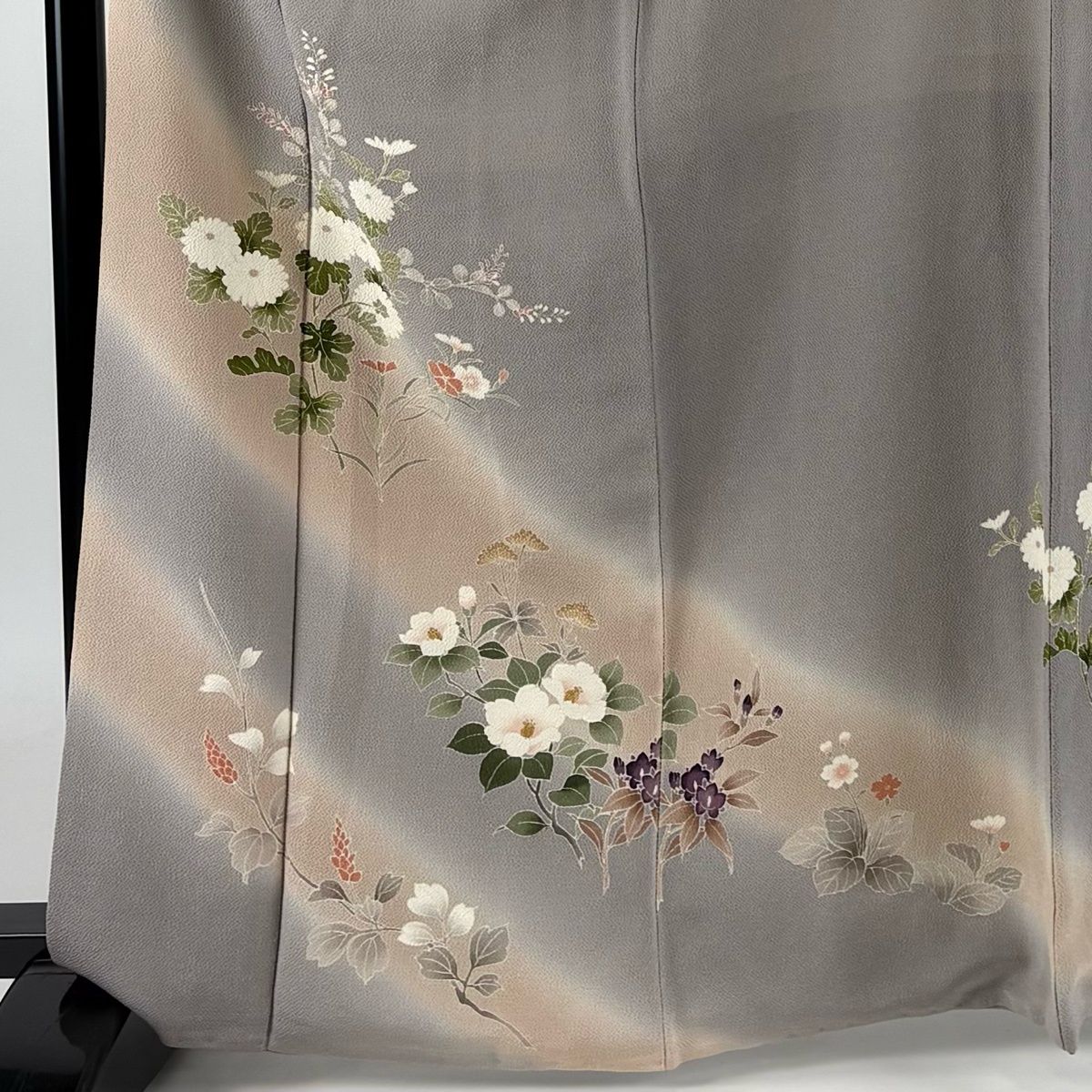 訪問着 身丈164.5cm 裄丈64.5cm M 袷 菊 萩 染め分け ぼかし 灰色 正絹 秀品 【中古】