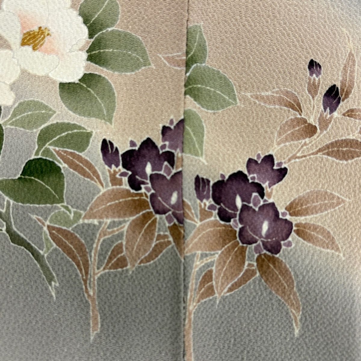 訪問着 身丈164.5cm 裄丈64.5cm M 袷 菊 萩 染め分け ぼかし 灰色 正絹 秀品 【中古】